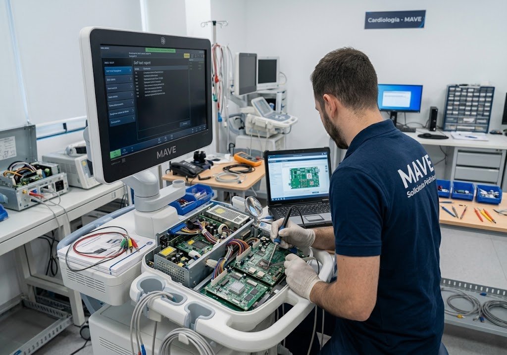 Técnico de MAVE revisando componentes electrónicos de equipo médico